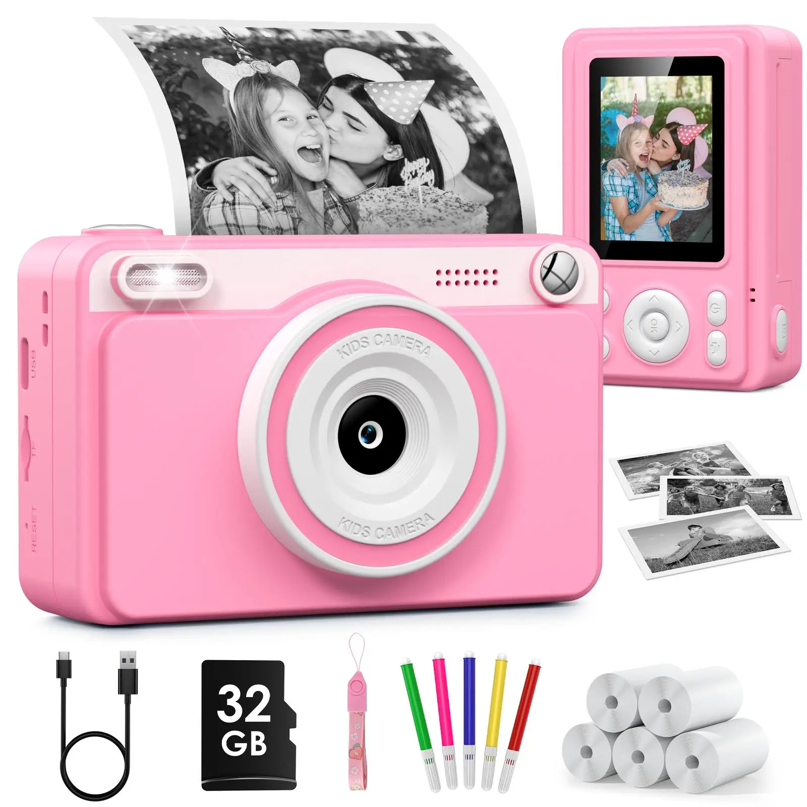 [BackToSchool]Instant Print Camera - 1080P HD, 5 Rolls Paper & 32GB Card, Ideal Gift for Boys & Girls Age 3-12