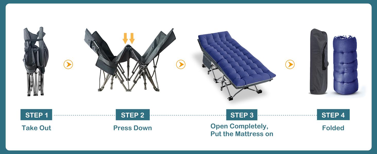 Naudacaa Folding Camping Cot with 2-Sided Mattress – Heavy-Duty, Portable Guest Bed for Camping, Travel, Outdoor & Indoor Use, Supports up to 880 lbs Blue