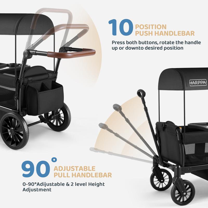 HARPPA All-Terrain Wagon Stroller for 2 with Canopy, Foldable 2-Seat Strollers for Babies, 4 Seats Wagon for Outdoor & Beach, Adjustable Push & Pull Handle, Footwell & Large Storage