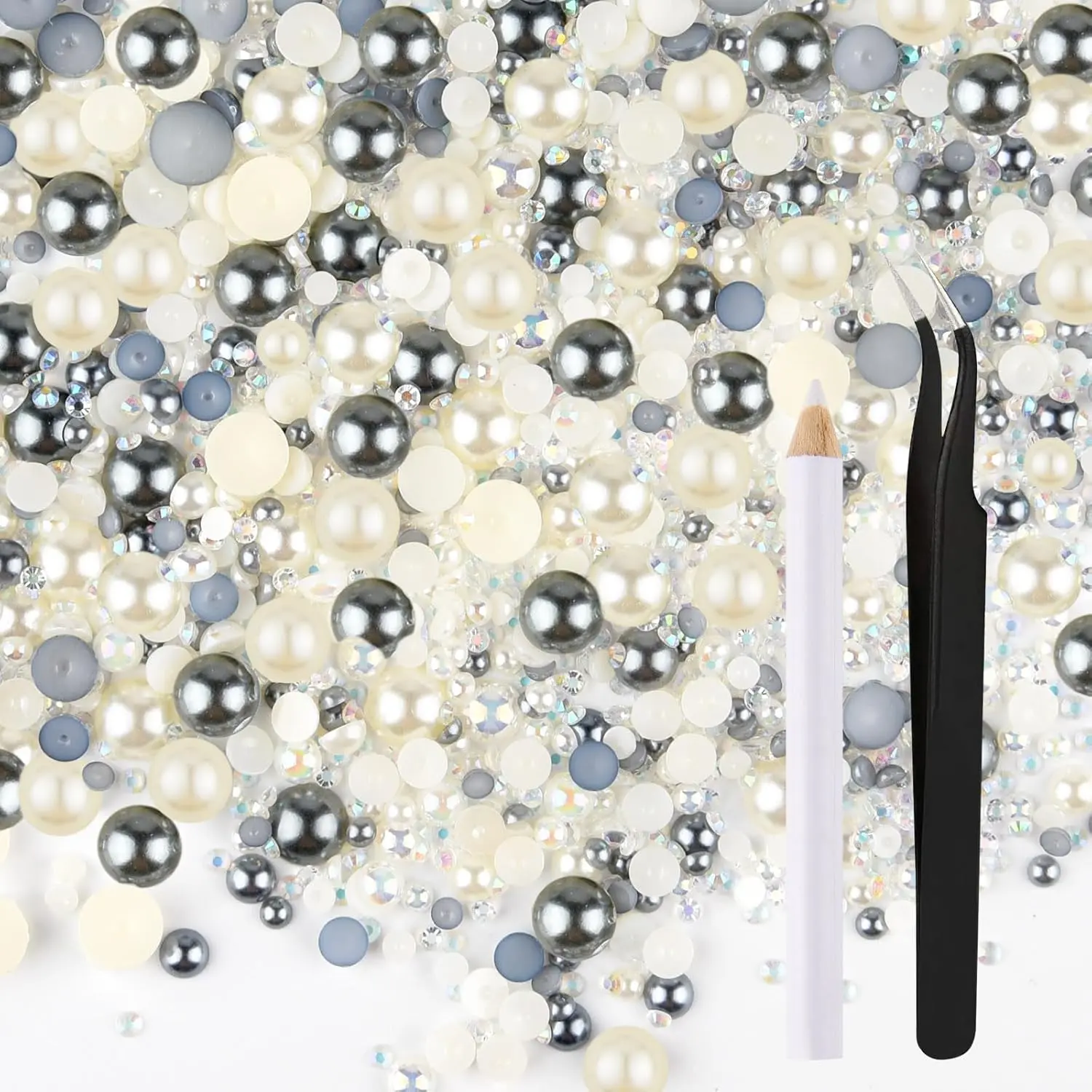 50g Mixed Flat Rhinestones Half Pearls for Crafts Mixed Size 3mm-10mm Flat Rhinestones for Crafts Flat Pearls for Decorating Glass Mugs Nails Shoes (Silver Grey, White)