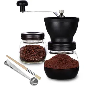 Manual Coffee Grinder with Ceramic Burr, Hand Coffee Mill with Stainless Steel Handle and 2 Glass Jars (11oz Each) for Drip, Espresso, French Press, and Turkish Coffee