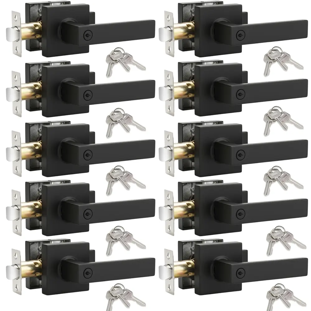 6/10 pcs Entry Door Lever with Lock and Key, Heavy Duty Matte Black Door Handles, Contemporary Square Entry Lever Door Handle Lock and Key Lock Lever Set, Door Handle Left And Right Handle Set (Each Lock Key is Not Universal)