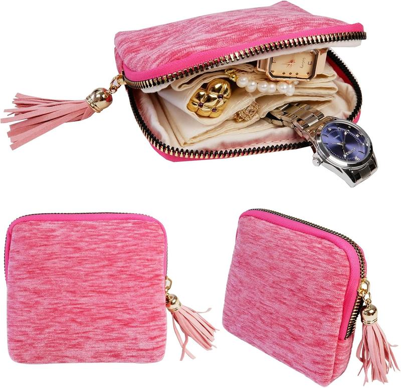 BOOVO  jewelry zippered pocket case Travel Jewelry Bag Portable Organizer with 5 Compartments Velvet Satin Lining Tassel Zipper for Rings Bracelets Necklaces Tassel Bag Boxes