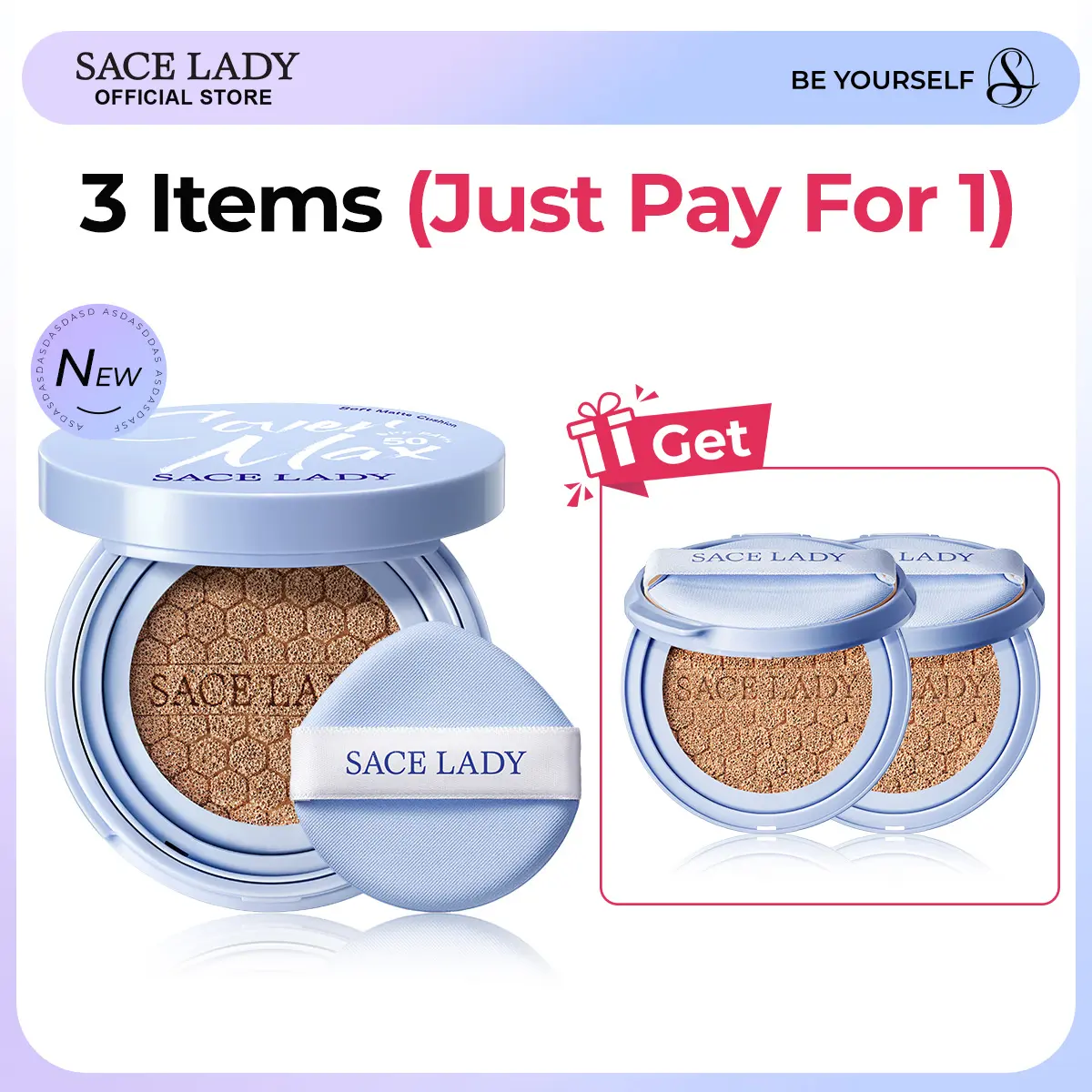 SACE LADY CoverMax Soft Matte Cushion 3-in-1 Foundation - Sunscreen, Concealer with SPF50 PA+++, Setting, 24H Long Lasting High Coverage, Waterproof, Oil Control, Matte Look, Any, For All Skins, Multiple Shades, Flawless Natural Summer Makeup, Cosmetic, S