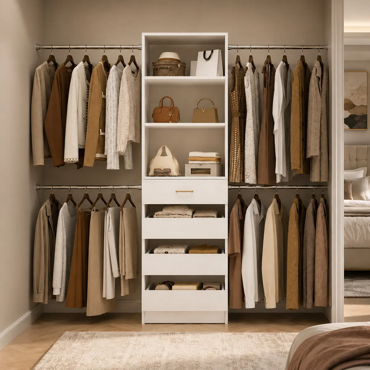 75''-115'' W Adjustable Closet System with 4 Wood Drawers and Hanging Rods, Modern 4-9FT Walk-in Closet Organizer Wardrobe Rack with Shelves,  Aesthetic Design Bedroom Organizing Closet Organization Home Interior Furniture,dorm essentials,home decor
