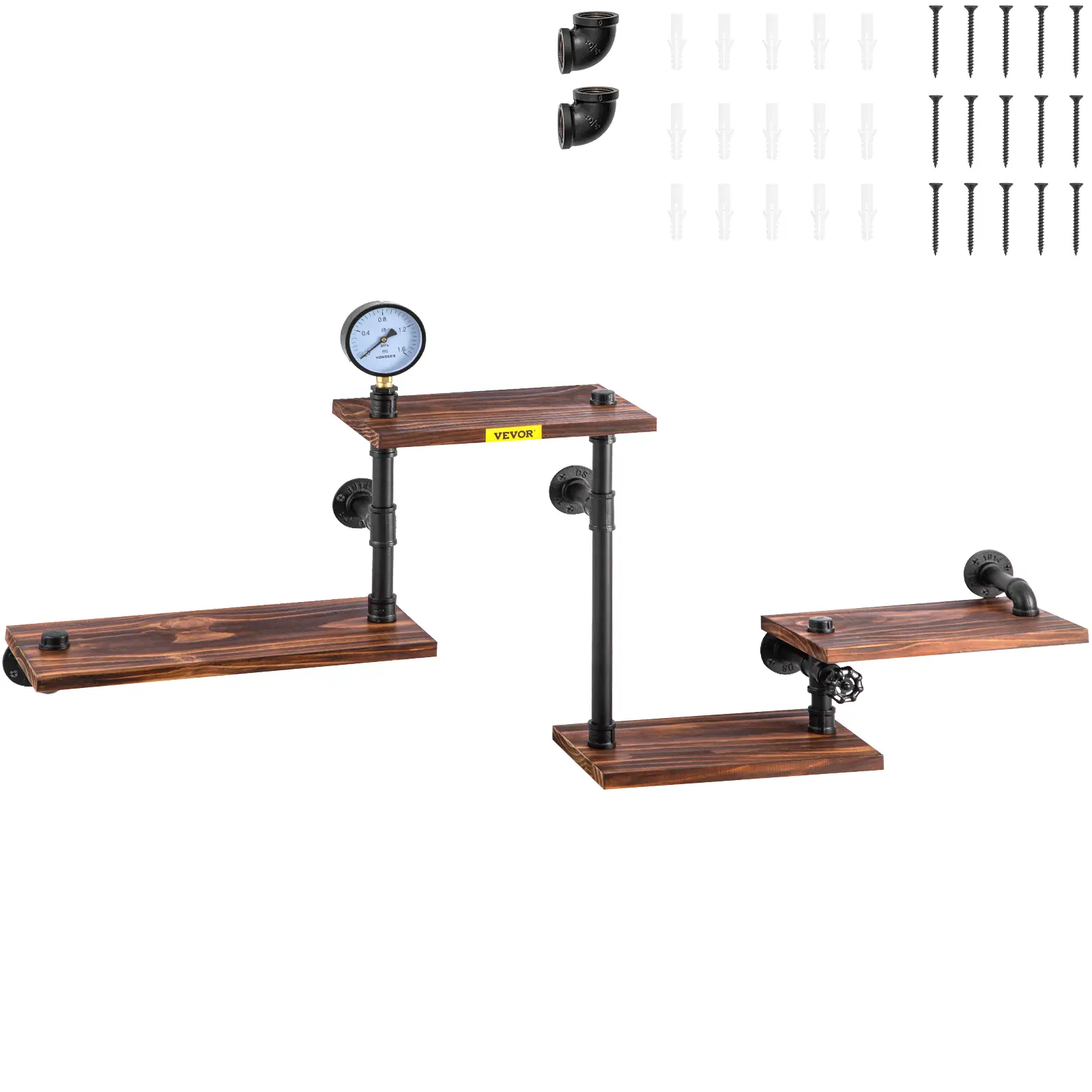 VEVOR Industrial Pipe Shelving,  Pipe Shelves with 4-Tier Wood Planks, Rustic Floating Shelves Wall Mounted, Wall Shelf DIY Bookshelf for Bar Kitchen Bathroom Farmhouse Living Room, 51x25x9 inch Decor Metal