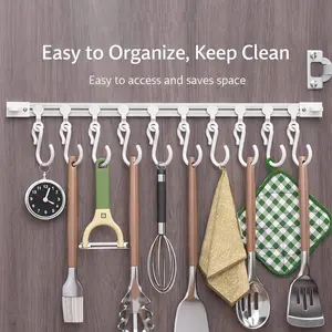 Multifunctional Slide Rail Hook,Kitchen Utensil Hanging Rack Wall Mounted Hanger,Space Saving Utensil Holder with 8 Hooks,Sliding Track Hook No Drilling Hanger for Home Office