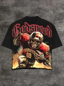 Godspeed with Skeleton Football Player Y2K Dark Printed T-shirt, Loose Large Size Street Fashion Brand Short Sleeve, American Retro Hip Hop Neutral Couple Outfit