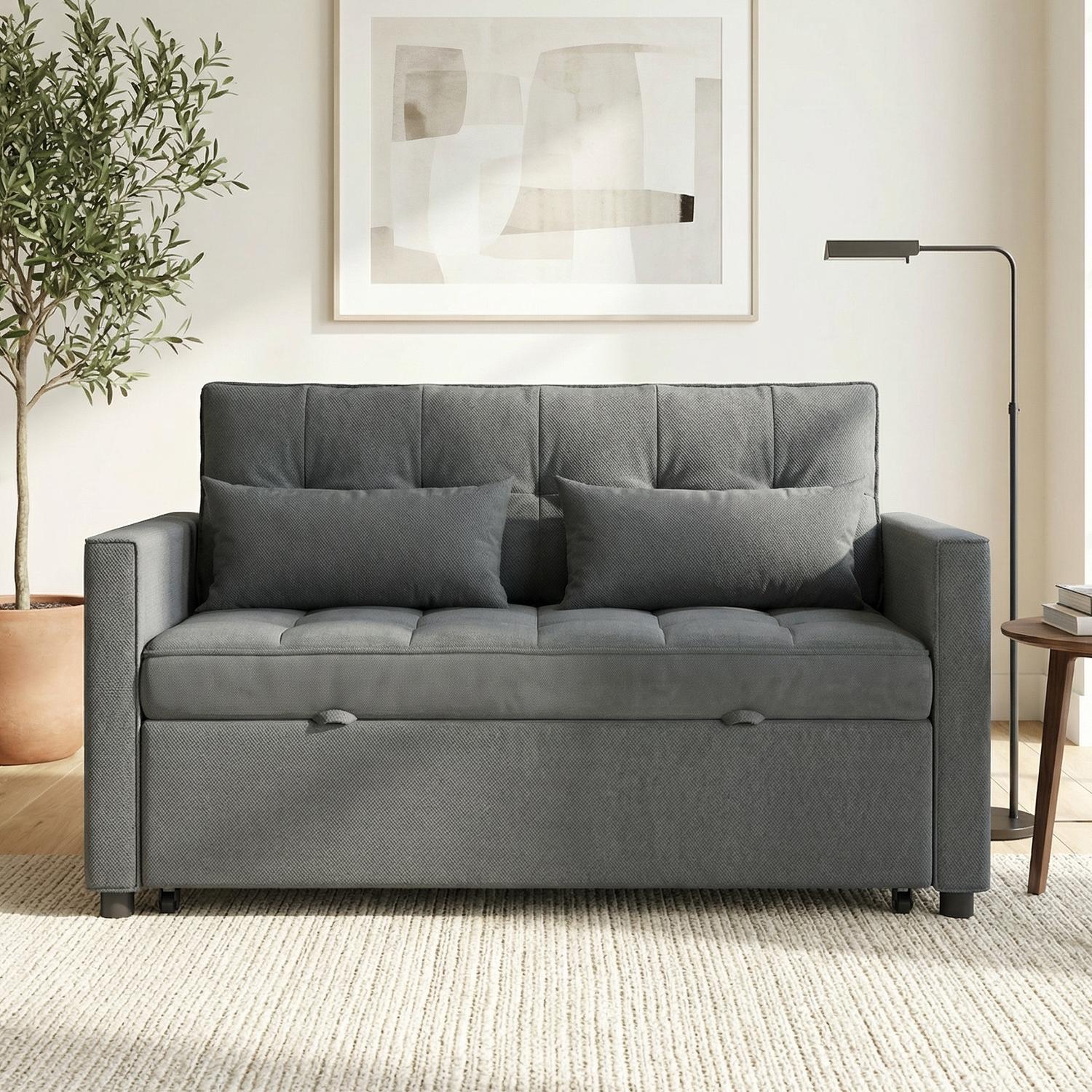 Spaco 3-in-1 Convertible Sofa Bed,  Sleeper Sofa with Pull-Out Bed,Loveseat with Five-level Adjustable Backrest and Side Pocket, for Living Room Dorm Apartment, Linen, Dark Gray