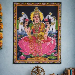 Hand-Painted Laxmi Tapestry: Hindu Goddess Art (43x30 inches)