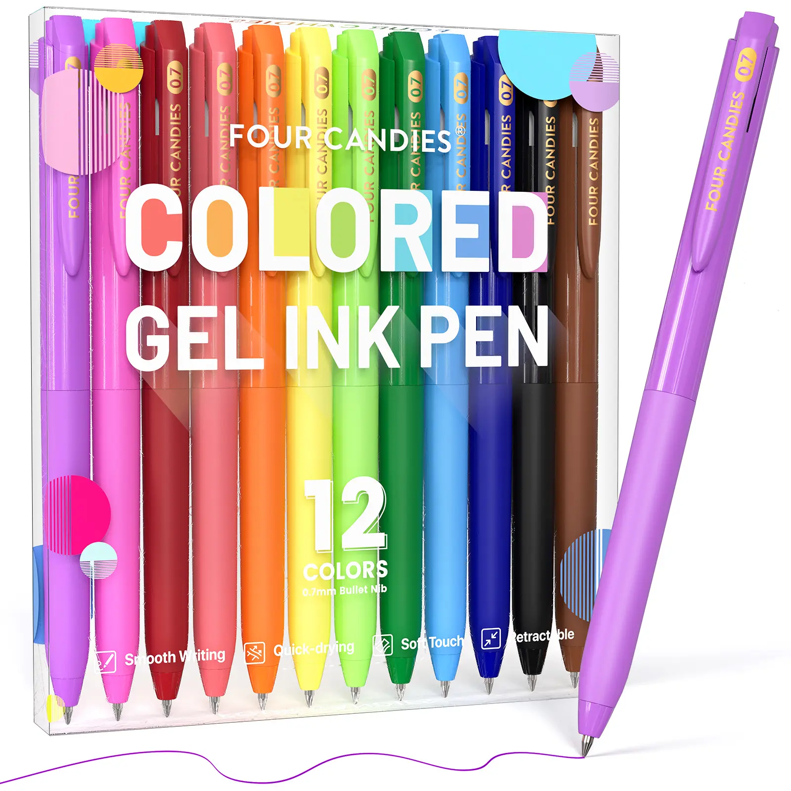 Four Candies Quick Dry Ink Colored Pens Set, 12/24Colors Retractable Gel Pen, 0.7mm Fine Point Colorful Pens for Note Taking & Drawing, Colored Gel Pens with Comfort Grip for Office, School & Home Sketch Markers, back to school shopping