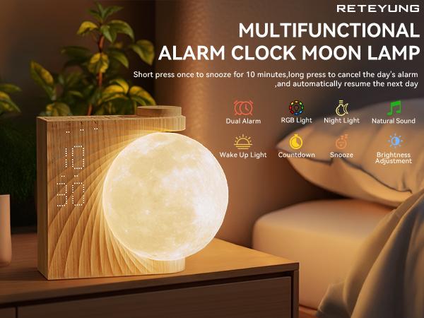 RETEYUNG Sunrise Alarm Clock with Moon Lamp, Home Decor, Digital Dimmable Bedroom Clock, 10 Sleep Sounds, Wake-Up Light, gift for girlfriend/boyfriend RETEYUNG Sunrise Alarm Clock with Moon Lamp, Home Decor, Digital Dimmable Bedroom Clock, 10 Sleep Sounds, Wake-Up Light, gift for girlfriend/boyfriend