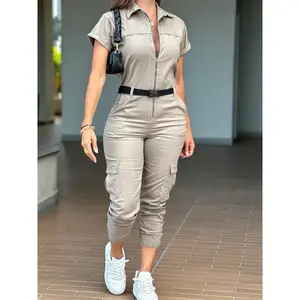 [Casual Cargo Jumpsuit] Form-Fitting Women's Casual Zip-Up Cargo Jumpsuit - Polyester Blend, Short Sleeves, Collared Design, and Functional Pockets for Casual Attire