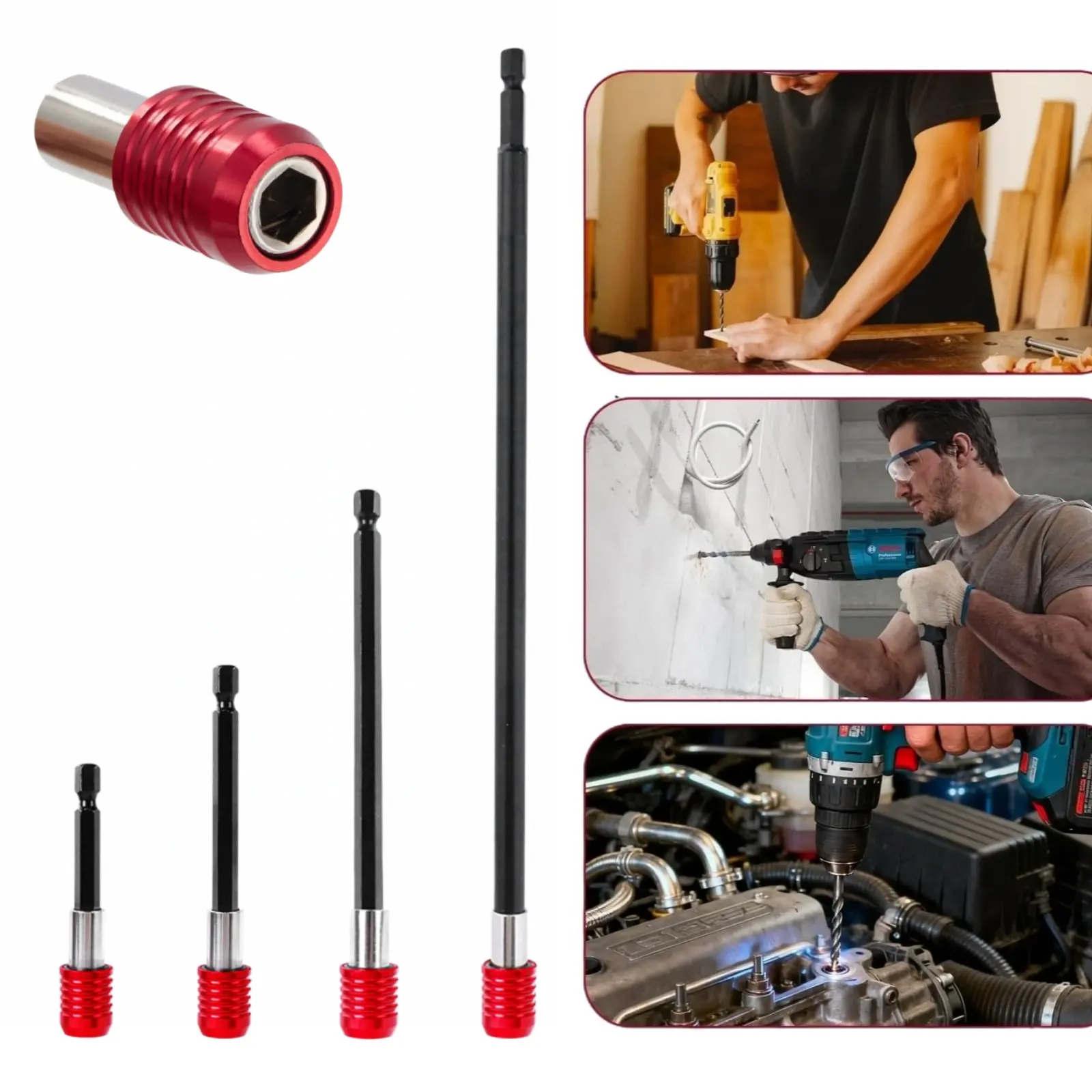 4Pcs 1/4 Inch Hex Quick Release Magnetic Lockable Bit Extension Holder Set, Red Aluminum Lock Chuck Extender Rods (60mm,100mm,150mm,300mm) for Power Drill DIY Repair