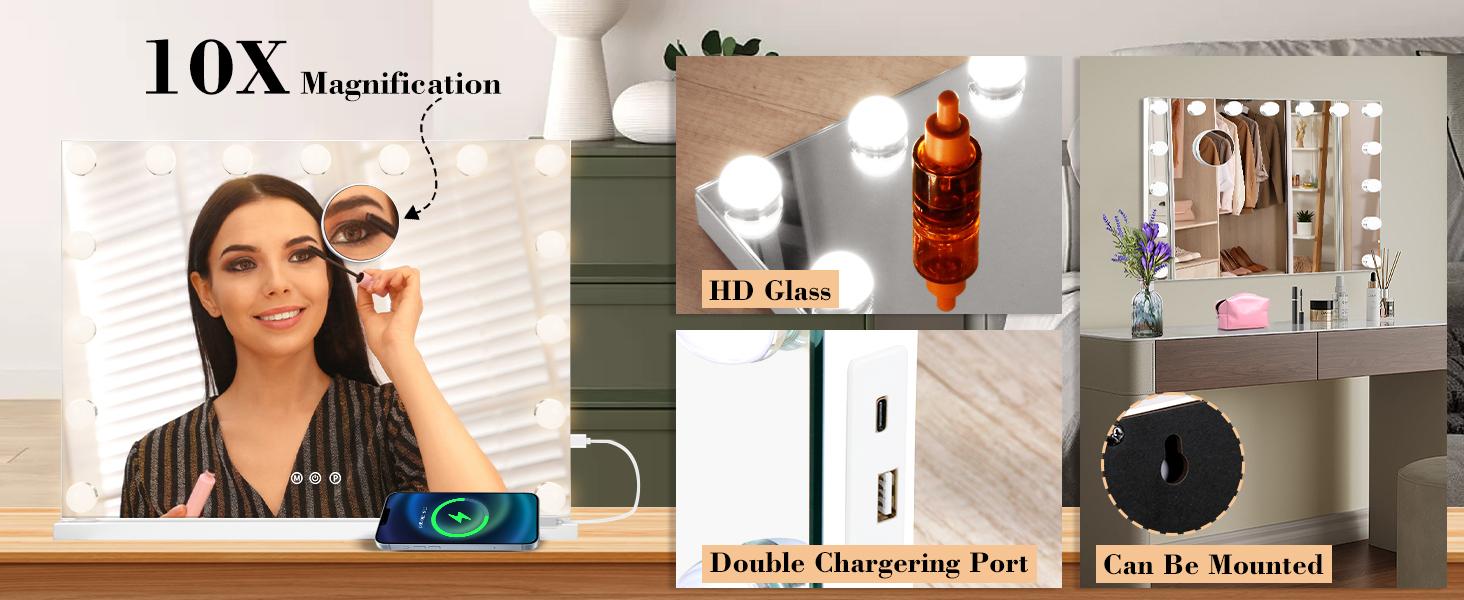 Hoodink Hollywood Vanity Mirror with Lights 15 Dimmable Bulbs 3 Color Lights Make Up Lighted Mirror Aluminum Metal Frame USB Charging Port 23 x 18 inch