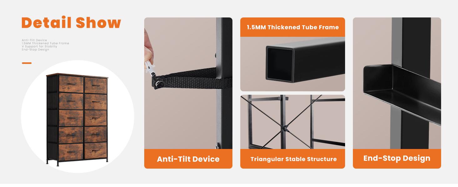 Tall Dresser for Bedroom with 10 Fabric Drawers, Organizer Units for Closet, Storage Tower with Cabinet, Metal Frame, Rustic Brown Wood Grain Print Dressers