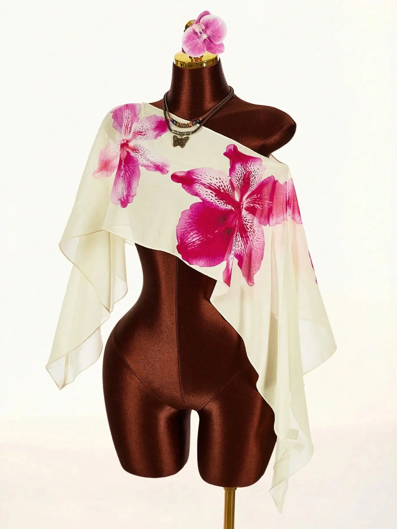 Women's Orchid Print Chiffon Shawl, Boho Floral Shawl, Lightweight Sheer Scarf, Summer Beach Cover-Up, Perfect for Vacation & Daily Wear