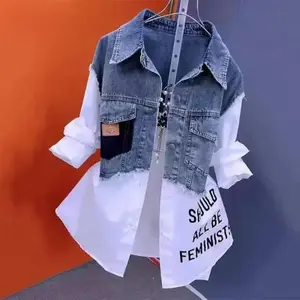 Women's Denim Jacket Fake Two-piece Denim Shirt 2025 New Spring Summer Autumn Casual Fashion All-match Stitching Striped Jacket for Women（gift）