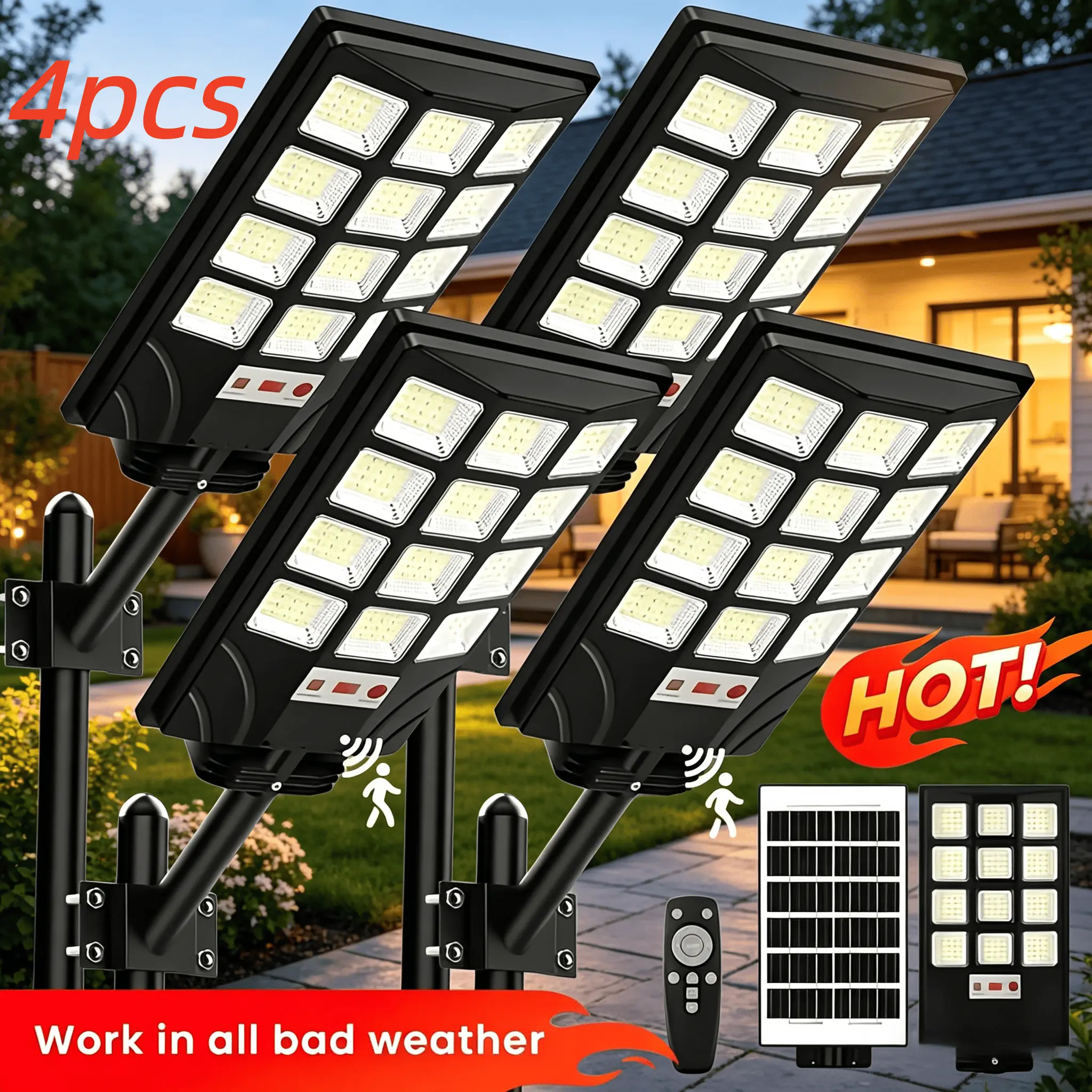 4/2 Pack Ultra-Bright Solar Street Lights Outdoor Waterproof,  400 LEDs, 6500K, Solar Powered with Motion Sensor & Remote, IP65 Waterproof, Dusk to Dawn, for Yard, Parking Lot, Garage, Outdoor Security Lighting  Solar Floodlights for Yards, Decks, Gardens