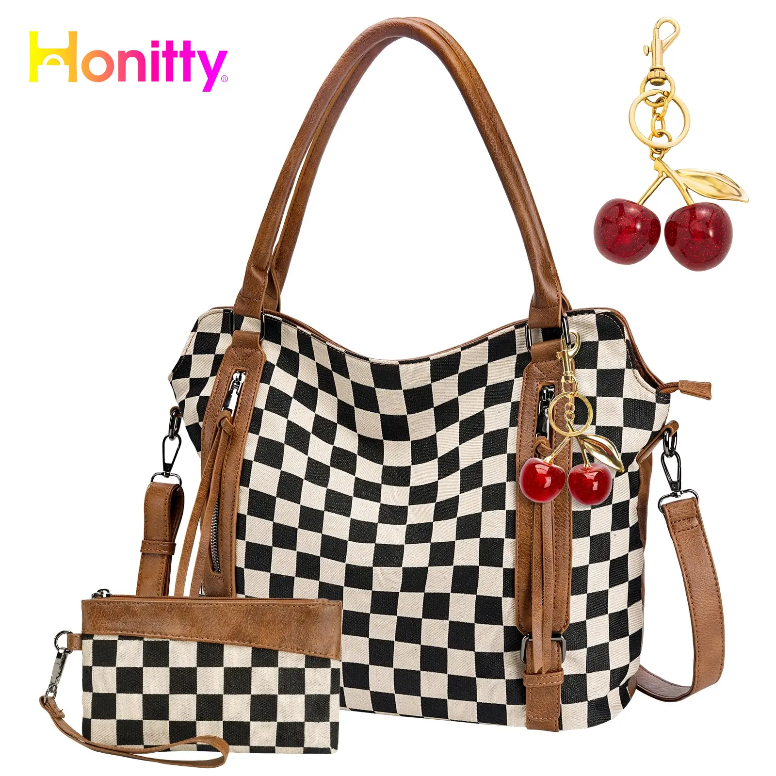 HONITTY Women's Vintage Handmade Square Hobo Tote Satchel Crossbody Handbag - With Cherry Keychain, Multiple Pockets, Shoulder Option, Casual Commuter Everyday Bag, Everyday Bags summerwins Canvas Tote Bags