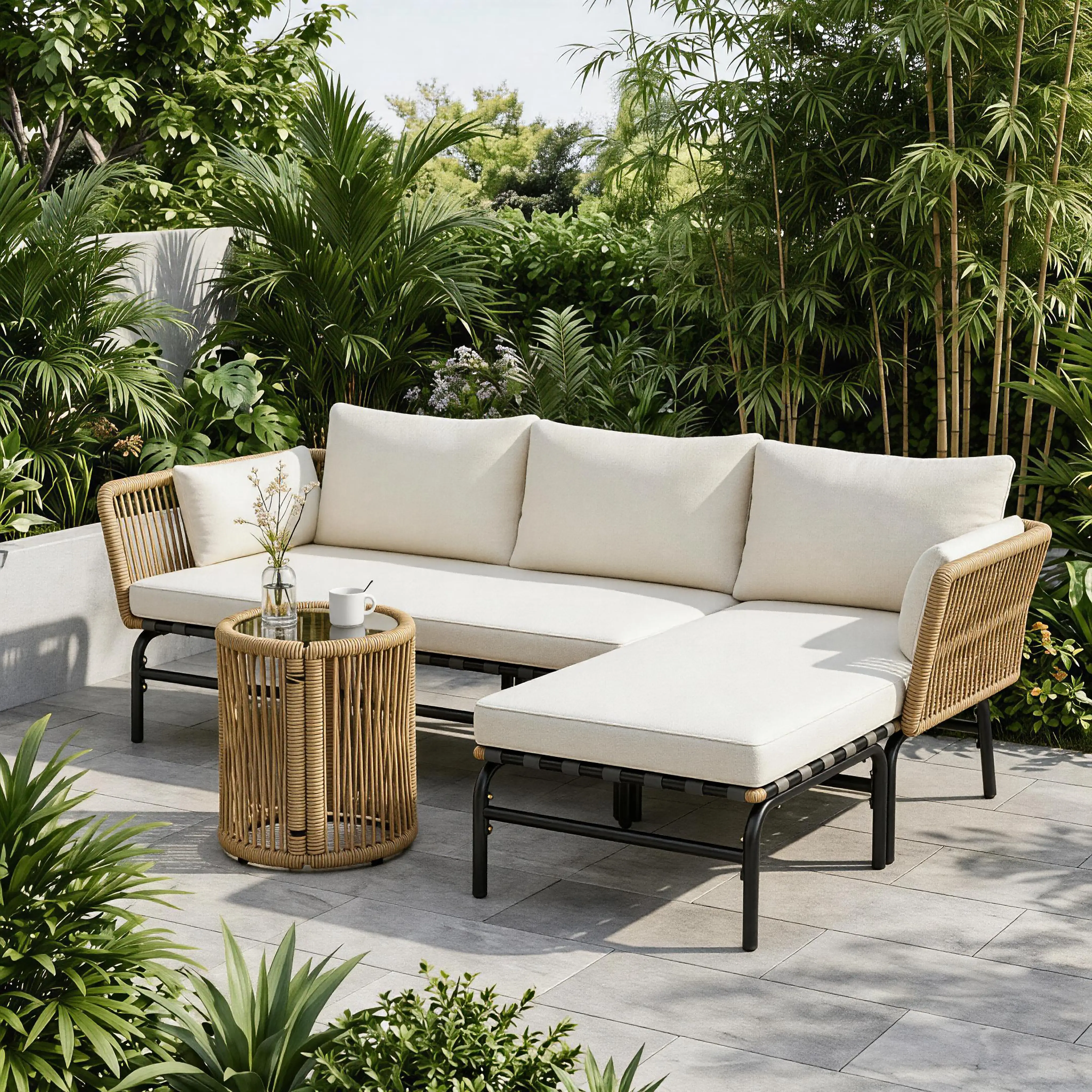 Costoffs 3-Piece Sturdy Wicker L-Shaped Outdoor Patio Furniture Set - Handwoven Rope Mesh Ethnic Set with Sofa, Lounger, Table, Cushions, Pillows for Backyard Setup, Garden Decor