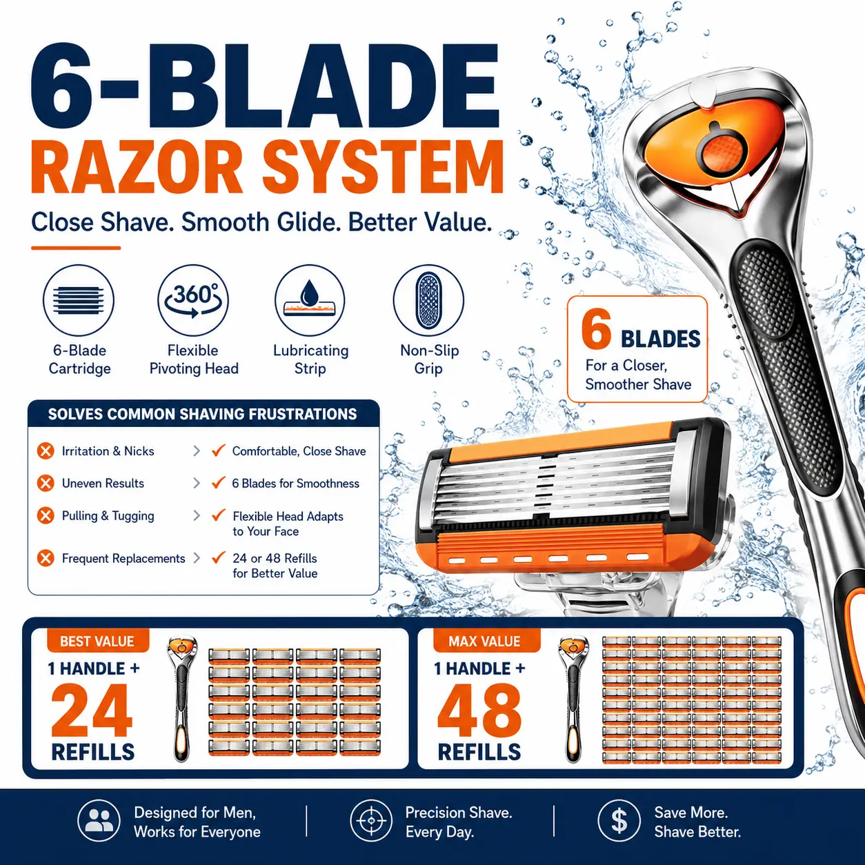 Men’s & Women’s 6-Layer Razors Set - 1 Handle, 24/48 Blade Refills, Alcohol-Free, Unscented, Durable for Head & Bikini Line Shaving, Multiple Packs for Daily Shaving