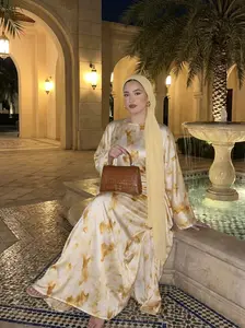 CL71 Yellow Marble Patterned Satin Dress with Curve Sleeves for Casual & Formal Occasions High Quality Fabric, Smooth & Soft, Elegant Pleated Design, Perfect Fit for Women,Fashionweek Loose