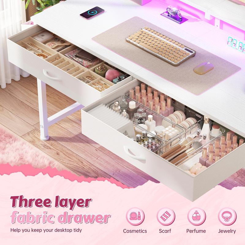 【Vanity & Computer Desk】31.5'' Gaming Desk with LED Lights in Dorm & Tiny home,Computer desk with 2 Storage Drawers,Home Office Desk with Side Pocket & Ergonomic Monitor Stand,Writing Table with Anti-Tip Design, Nice gift for Women and Teens