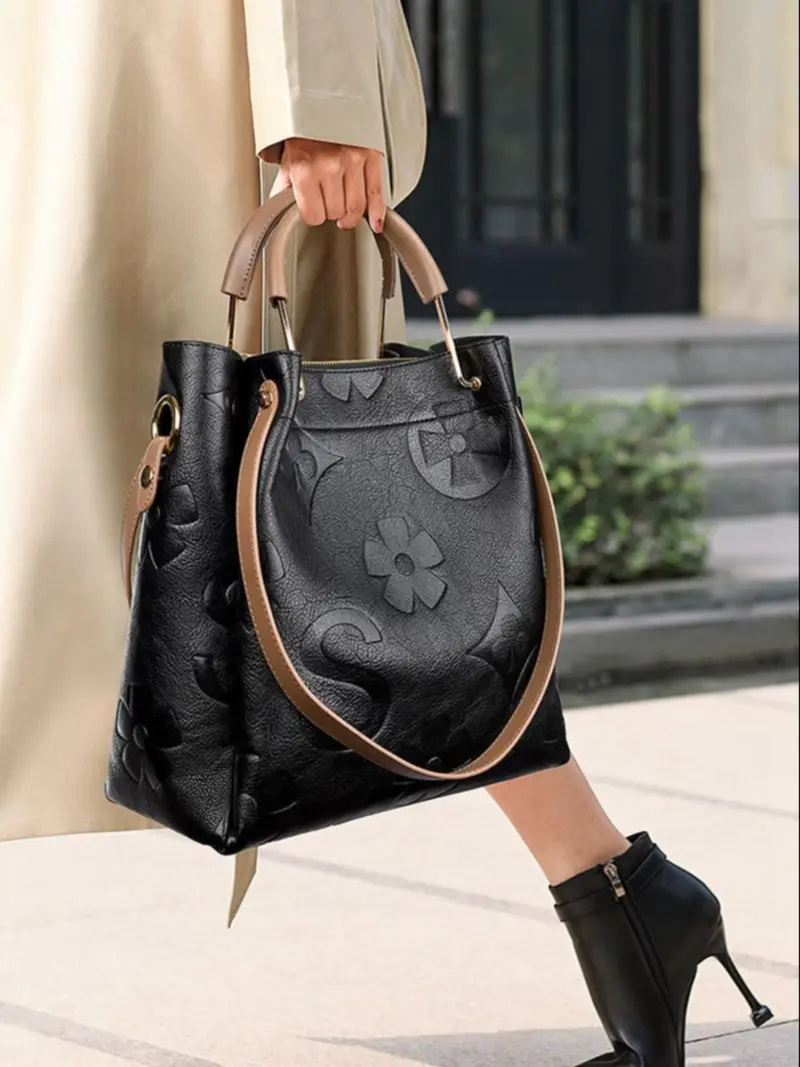 Women's Fashionable Floral Embossed Handbag Set, Including Large Capacity Handbag & Crossbody Bag, Trendy Versatile Daily Commuting Bag Set