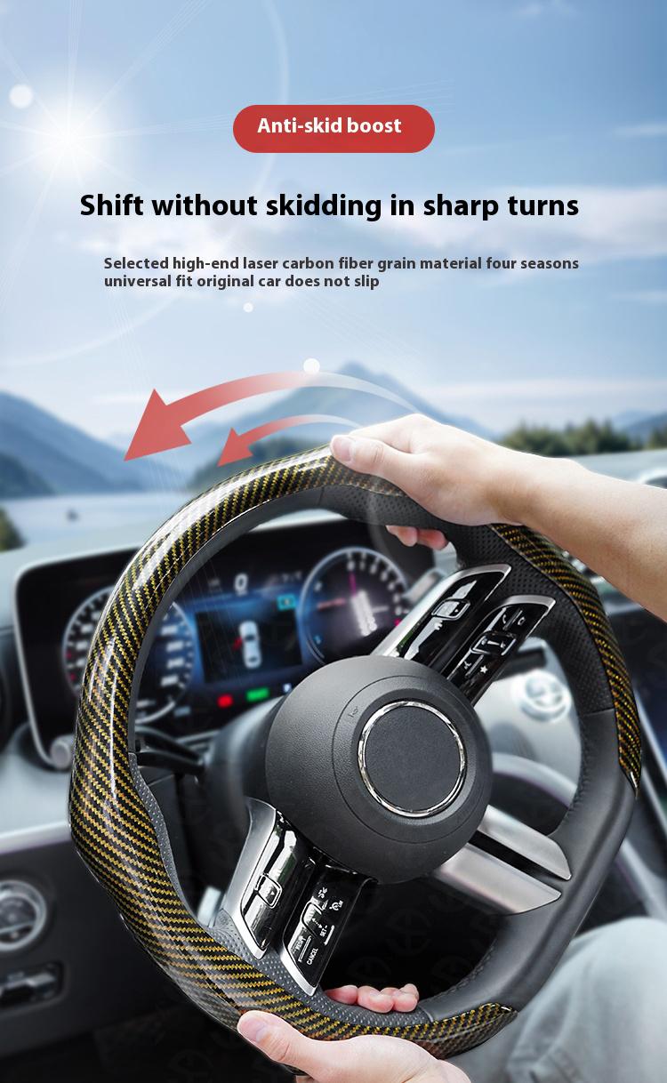 SUPEREVER Men's Laser Carbon Fiber Pattern Steering Wheel Cover 15" Universal Fit Quick Turn Non-Slip Grip Ultra-Thin Design Quick Install for All-Season Use