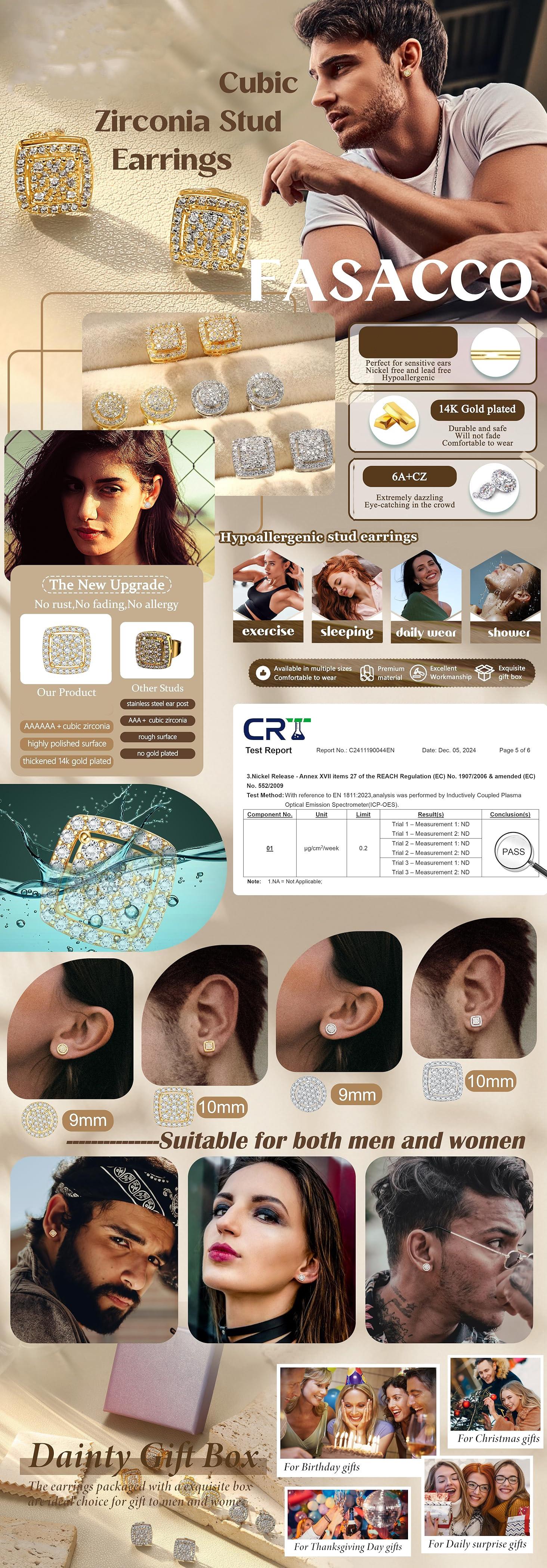 FASACCO Cubic Zirconia Stud Earrings for Men Women CZ Earrings Stacks Halo Square Earrings Men's Stud Earrings Set Gift Fashion Jewellery Elegant Decoration Accessories Men