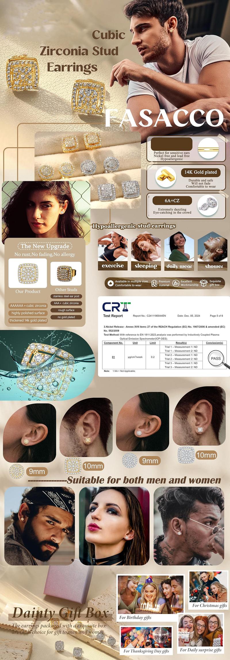 FASACCO Cubic Zirconia Stud Earrings for Men Women CZ Earrings Stacks Halo Square Earrings Men's Stud Earrings Set Gift Fashion Jewellery Elegant Decoration Accessories Men