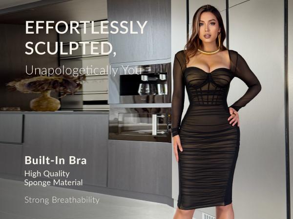 CurvySweet Mesh Midi Dress for Women High Stretch Seamless Bust Design Shaping Elegant Comfortable for Parties and Casual Wear Long Sleeve Minimalist Fit