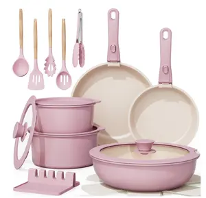 20-Piece Ceramic Pots and Pans Set, Nonstick Cookware Set with Detachable Handles, Oven Safe to 480°F, Induction Compatible, Stackable RV Kitchen Cooking Set, Pink