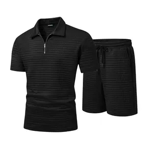 JMIERR Men's 2 Piece Waffle Knit Outfit Half Zip Polo Shirt and Shorts Textured Summer Set