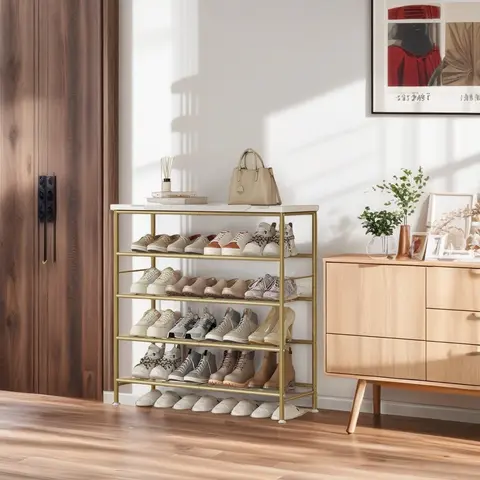 LINZINAR Modern Adjustable Rectangle Metal Shoe Storage Shelf - 4/5/6-Tier Organizer with MDF Top Board (22lb Capacity, Top for Bags & More) for Bedroom Entryway, Home Decor & Storage Organization