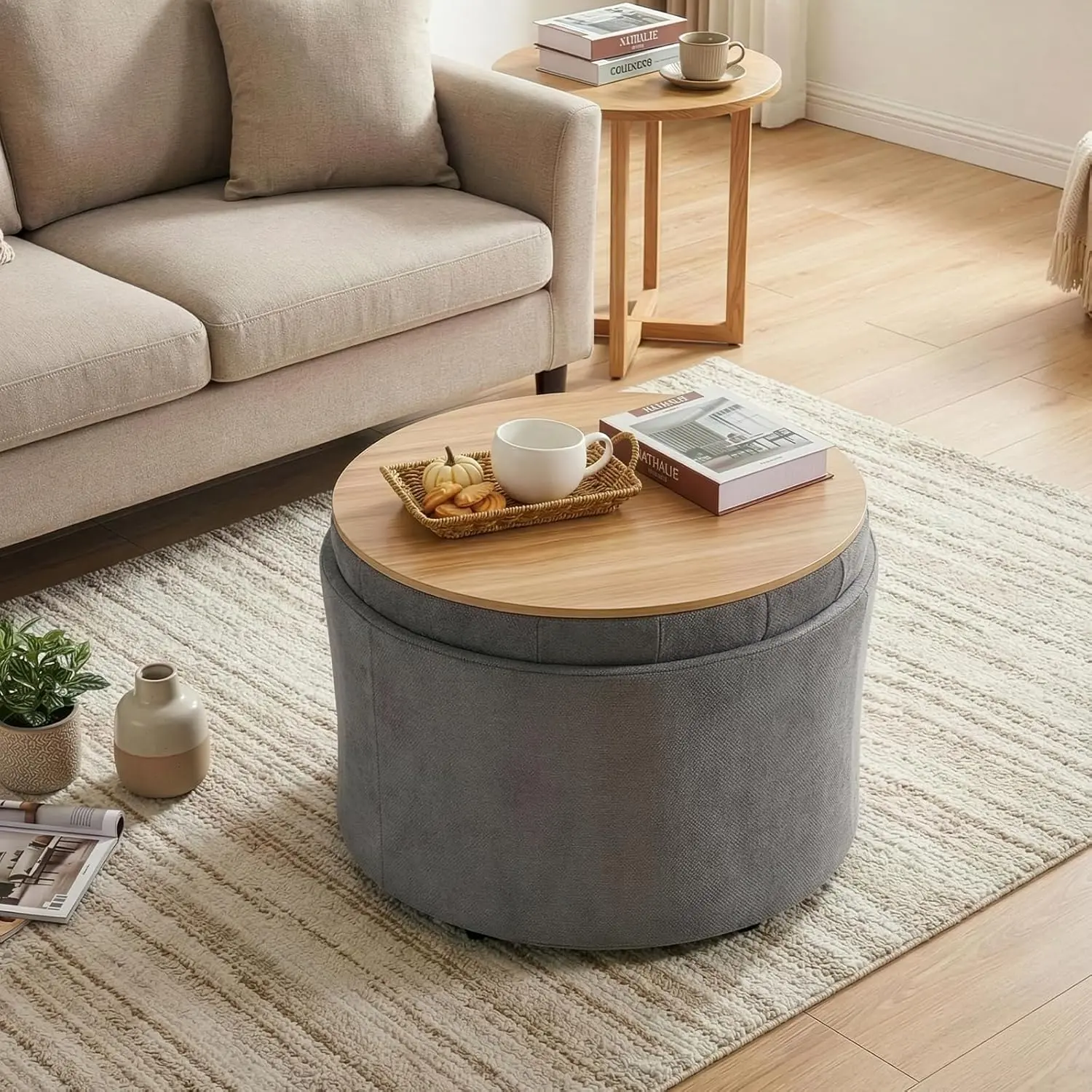 ONBRILL 25" Round Foldable Foam Cushion Ottoman Coffee Table - Casual Modern Clean-Line Design, Lift-Off Lid Hidden Storage, Sturdy Iron Frame, Single Seat Space Saving Indoor Furniture, Multifunctional Footrest Stool, Living Room Decor