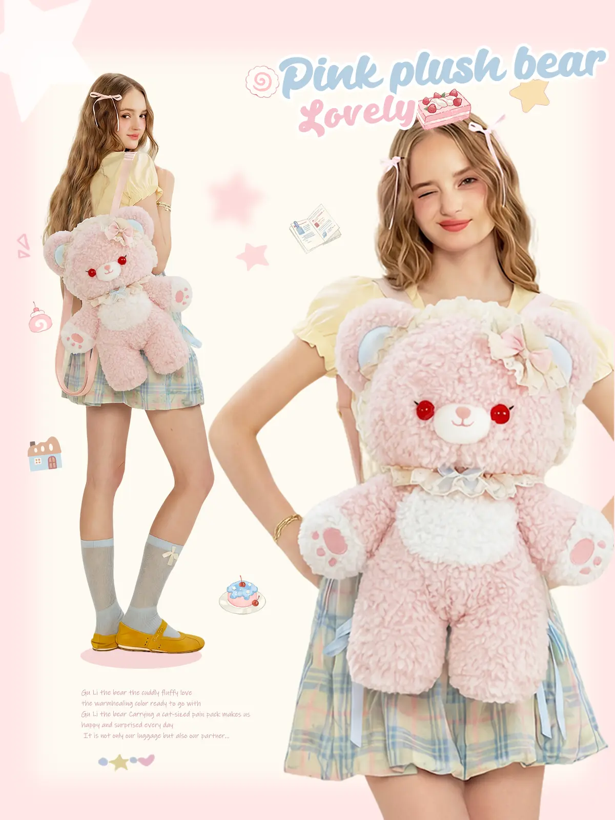 Gulibags Pink Bear Plush Backpack for Women, 50cm Large Capacity Kawaii Lolita Convertible Crossbody Bag with Detachable and Adjustable Straps