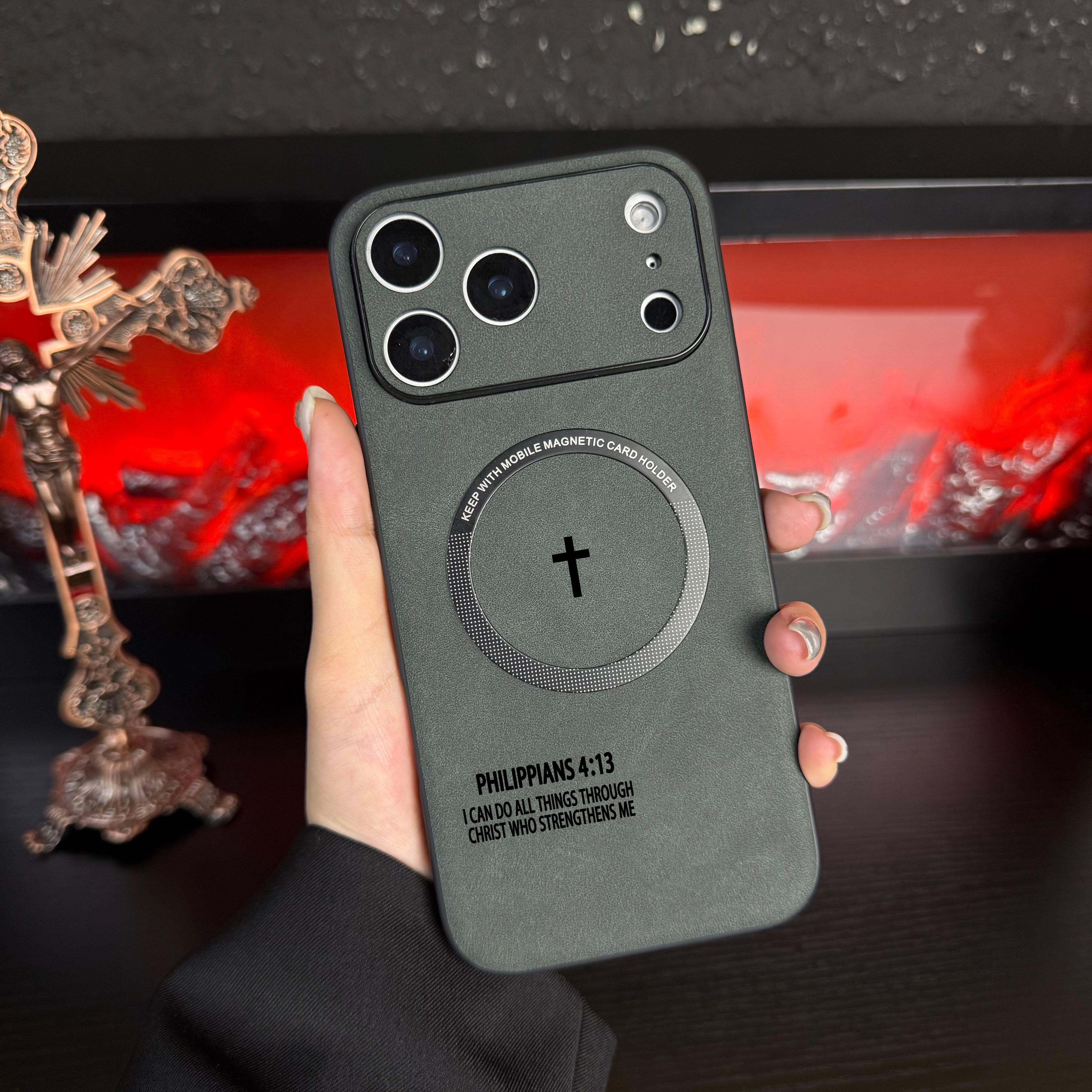 Philippians 4:13 High end leather magnetic phone case suitable for iPhone 17 Air 16 15 14 13 12 Pro Max Plus, supports magsafe charging, feels comfortable to the touch, fully wrapped anti drop and anti slip phone case-ZQ60