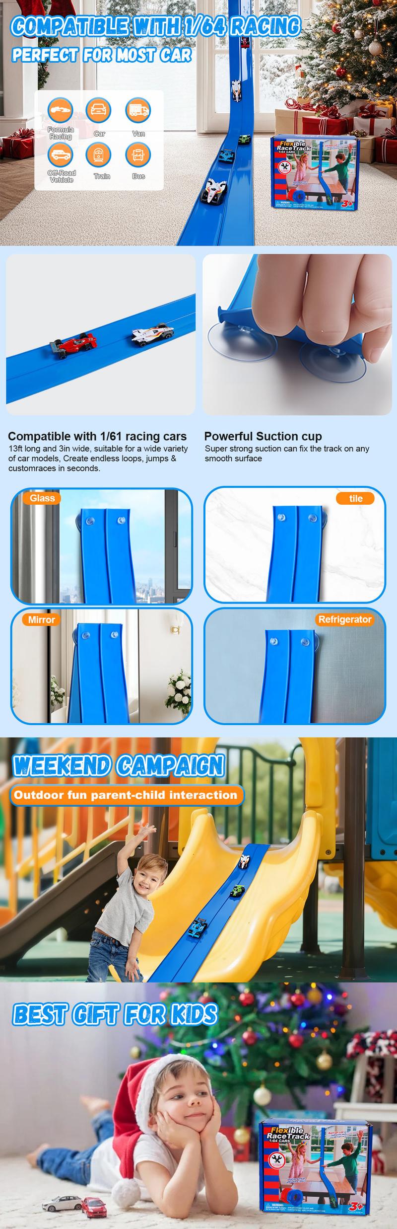 Flexible Racing Track Set – 15ft Roll-Up Track with 4 Mini Speed Cars & Suction Mounts | Portable Indoor Ramp Racing Toy for Kids