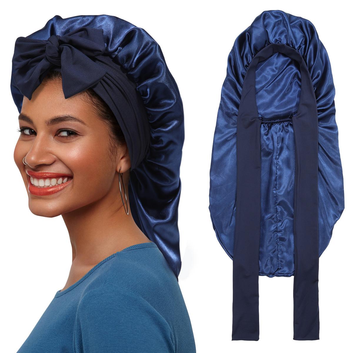 Single-Layer Summer Cool Style Solid Color Long Satin Bonnet Sleep Cap Adjustable Care Nightcap for Women Braids Curly Hair Natural Hair Wrap for Sleeping Cap with Tie Band Elastic Hair Care Bonnet