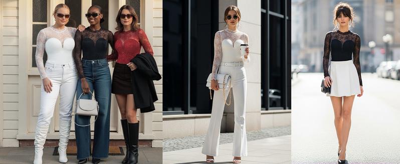 Popilush Essential Deep V-Neck Long Sleeve Bodysuit  Breathable Fabric Sheer Lace Turtleneck with Built-in Bra & Tummy Control Casual