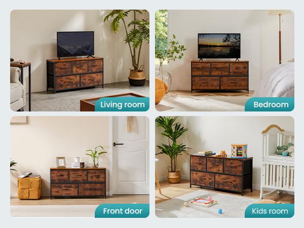 【Deal】Organizer Storage 5, Chest of Drawers with Fabric Bins, Long Dresser with Wood Top for Bedroom, Closet, Entryway