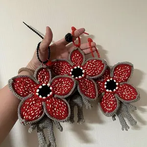 Stranger Things Plush Pillow Doll Pendant Keychain Cute Piranha Keychain with Red Flower Design and Soft Plush Material