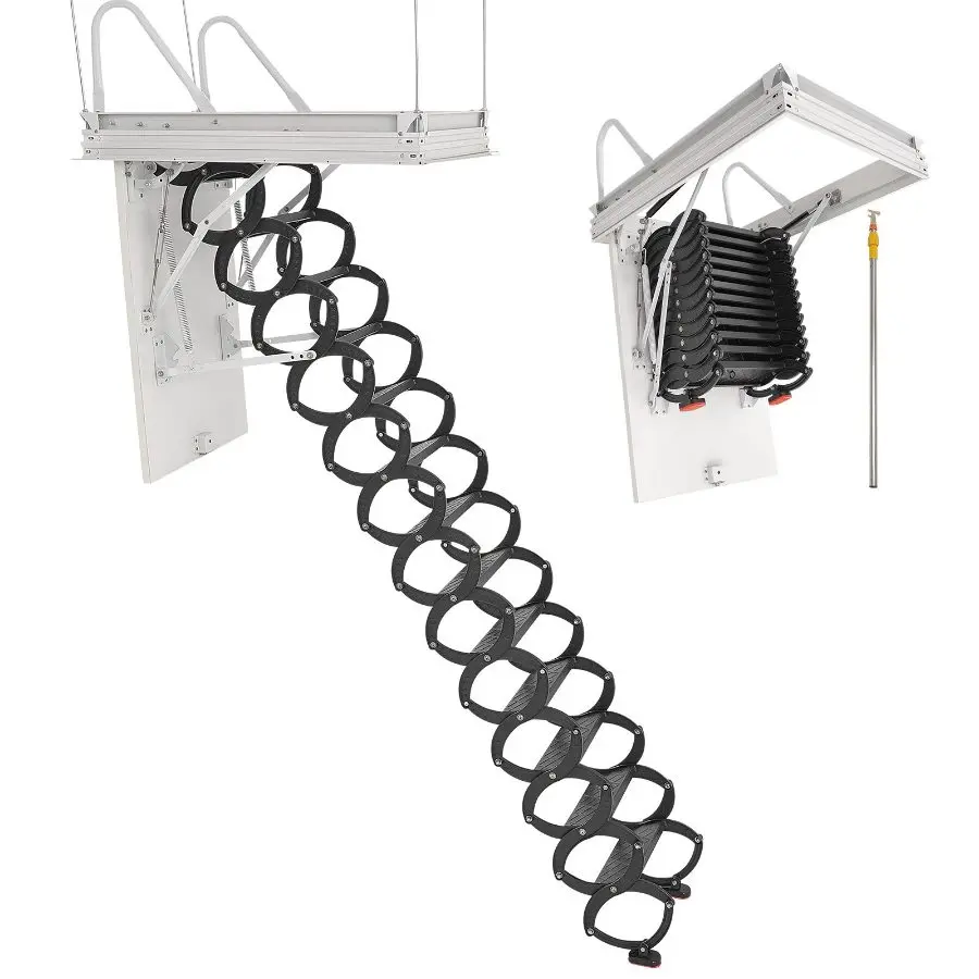 【Summerfinds】 VEVOR Alloy Steel Pull-Down Retractable Ceiling Stair, 660LBS/299.4KG Capacity, Fits 10.5-11 ft Ceiling Height & 39.4x27.5 in Opening, With Pull-Down Rod for Loft Roof, 39.4X27.5 Inch