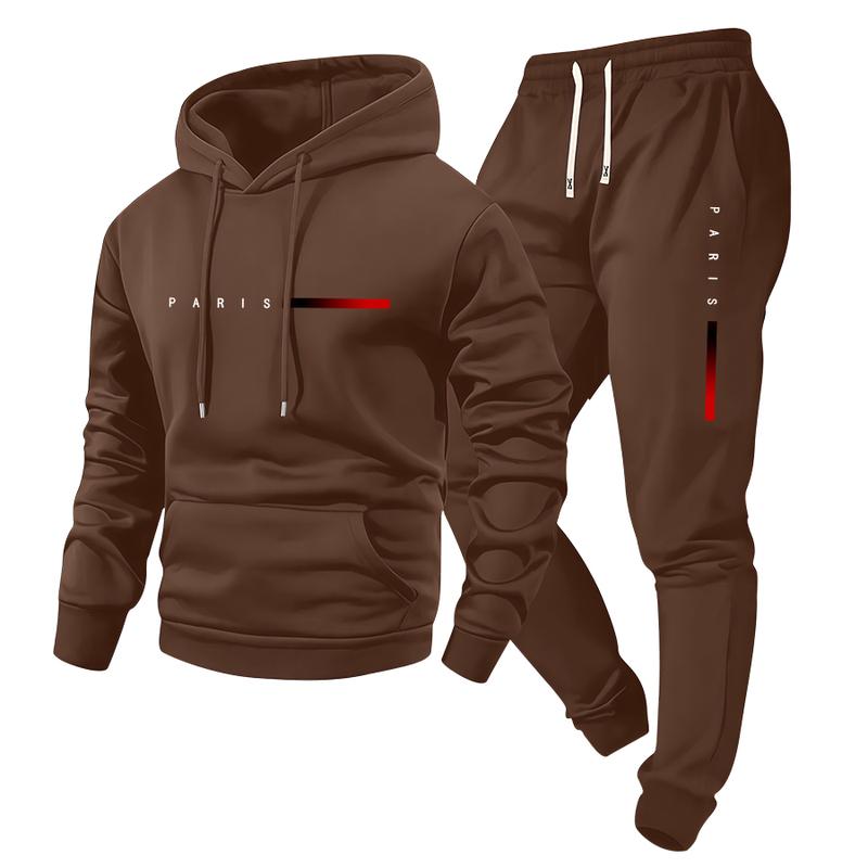 Men's Spring/Fall Paris Letter Print Hooded Sweater & Elastic Waist Drawstring Trousers Set Stylish Casual Two-Piece Gift for Husband or Boyfriend