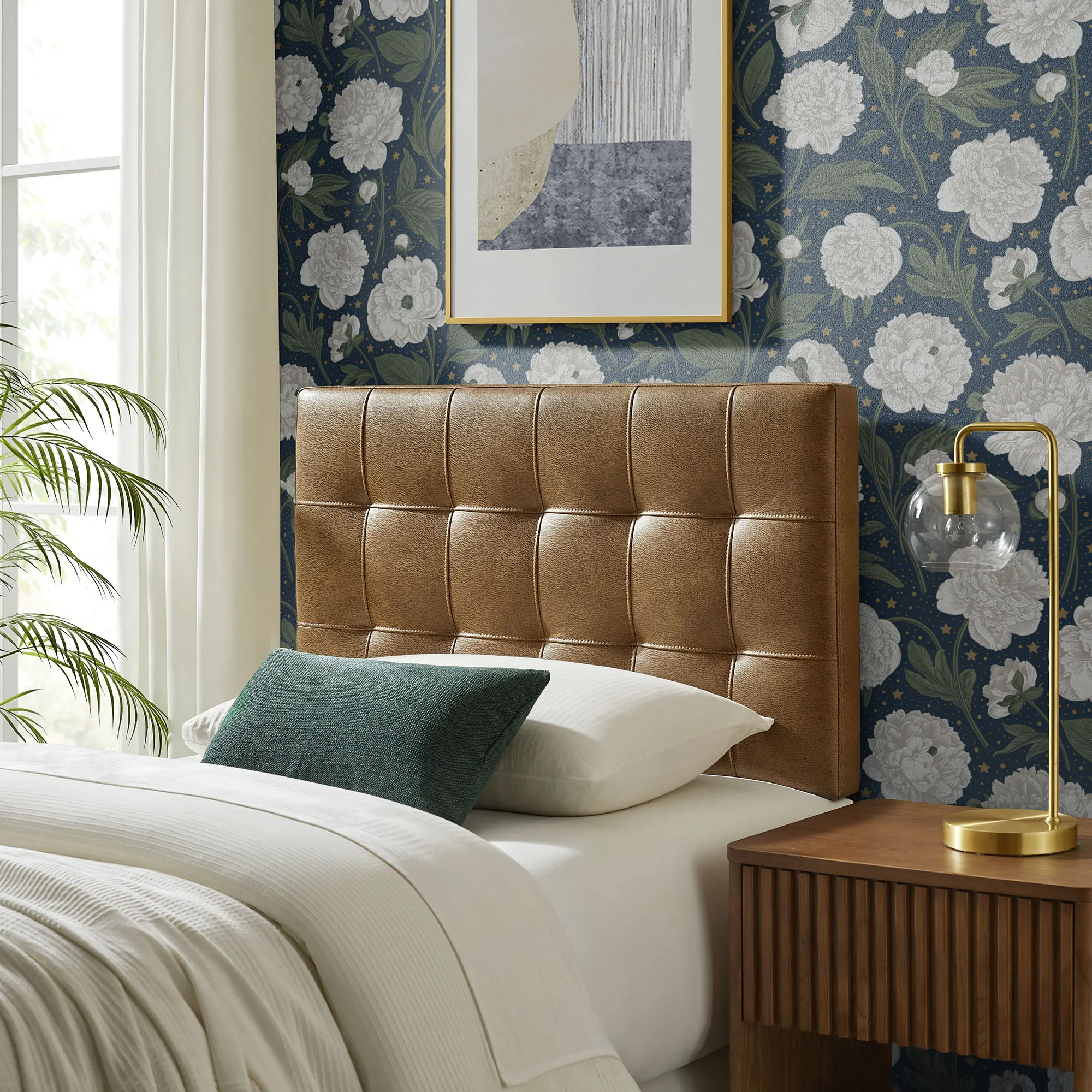 Modway Lily PU Vegan Leather Twin Size Headboard - Toast Color, Biscuit Tufting, Adjustable Height, 5 Mounting Positions, Comfortable Support, Ideal for Dorm Rooms, Kids’ Bedrooms, Guest Spaces, Assembly Required