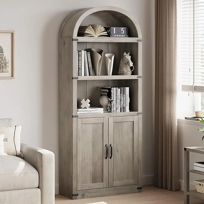 Farmhouse Arched Bookcase with Doors - 71.65in Tall Wooden Cabinet with Shelves, Farmhouse Shabby Chic Living Room Furniture, Natural Wood Home Aesthetic, Warm Woody Aesthetic, Wooden Style Storage for Home Office/Living Room, Book Nook, Library-Themed Li