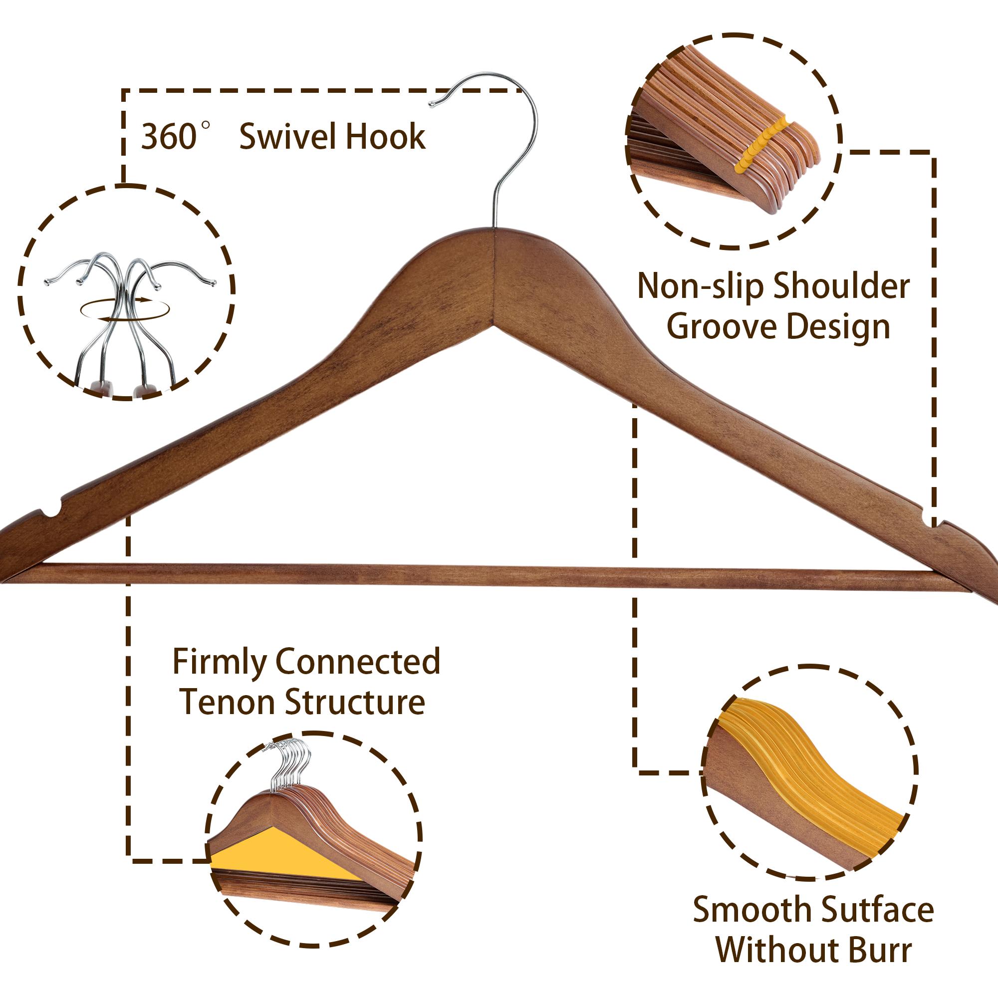 BePatio 17.32in" Soild Wooden Coat Hangers,10~30 Pack Clothes Hangers ,Natural Wood Suit Hangers with Non Slip Pant Bar & 360 Degree Rotatable Hook ,Clothes Hangers for Shirts, Jackets, Dress, Pant, Perfect for your closet.