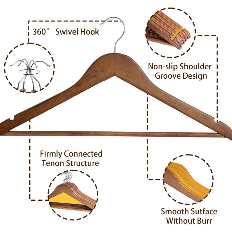 BePatio 17.32in" Soild Wooden Coat Hangers,10~30 Pack Clothes Hangers ,Natural Wood Suit Hangers with Non Slip Pant Bar & 360 Degree Rotatable Hook ,Clothes Hangers for Shirts, Jackets, Dress, Pant, Perfect for your closet.